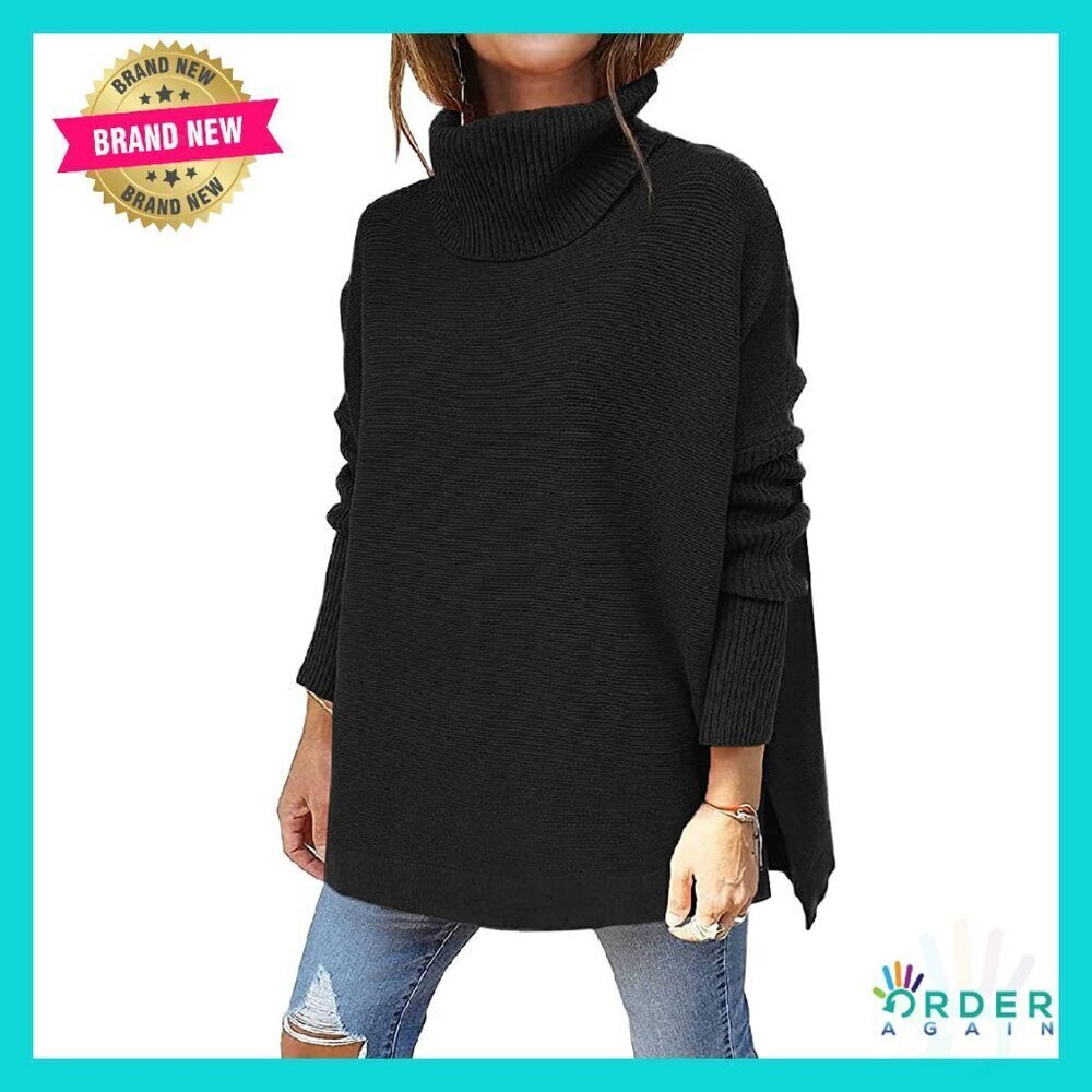 Oversized Turtleneck Sweater Batwing Sleeve Split Hem Knit Pullover Chic